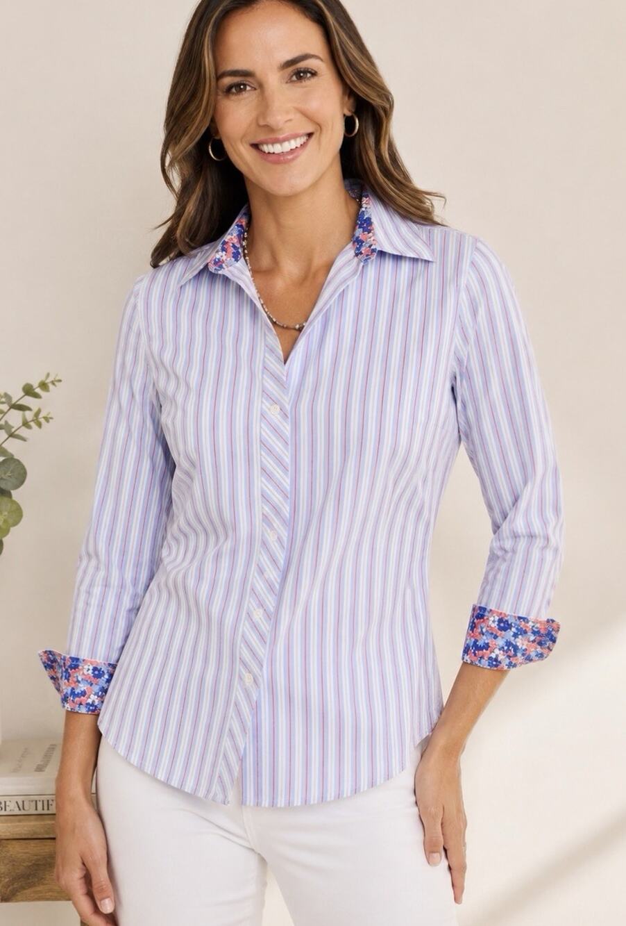 Talbots Women’s Stripped/Floral Contrast Button Down Shirt Size S